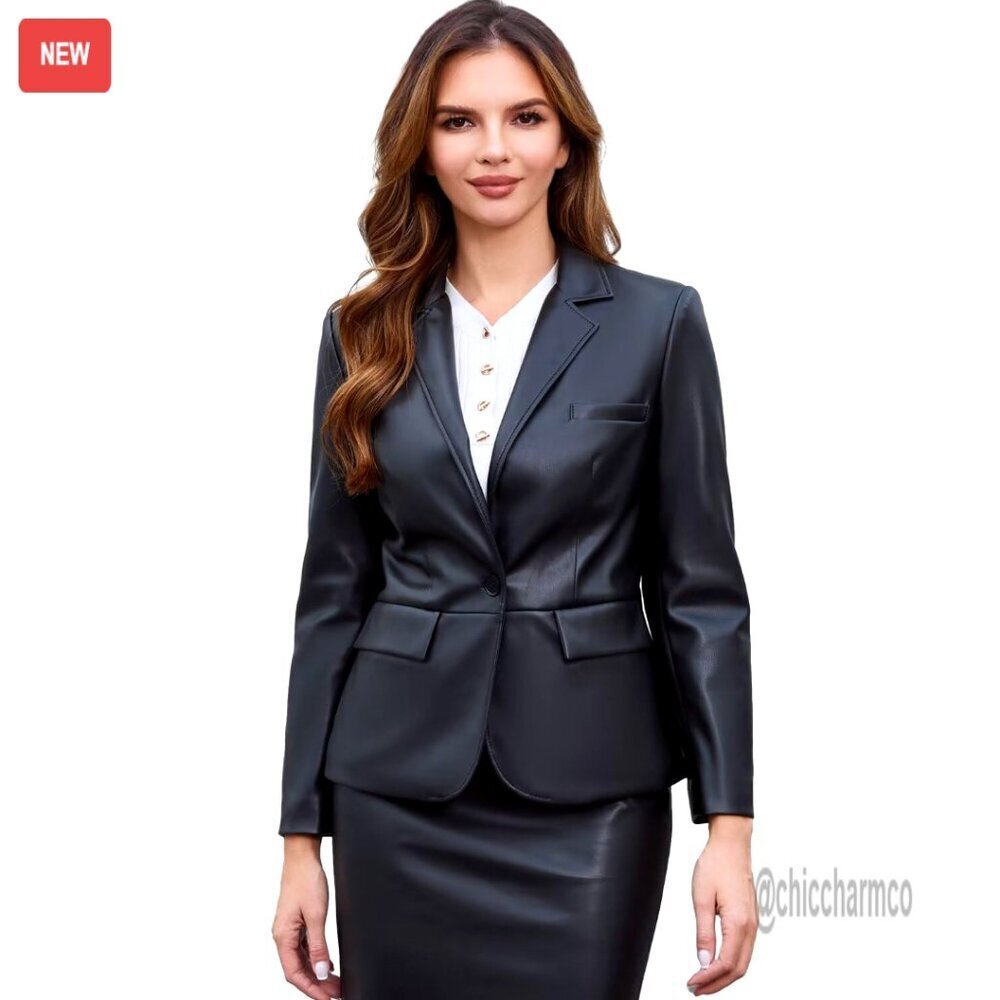 Faux Leather Blazer Jacket Oversized Lapel Button Down Vintage Style